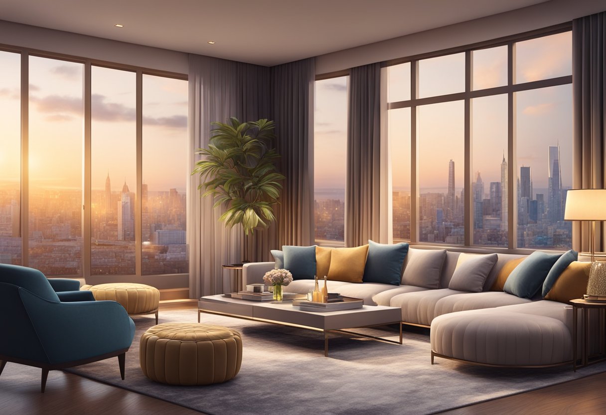 A luxurious living room with modern decor, plush furniture, and elegant accents. A cozy reading nook with a fireplace and a view of the city skyline