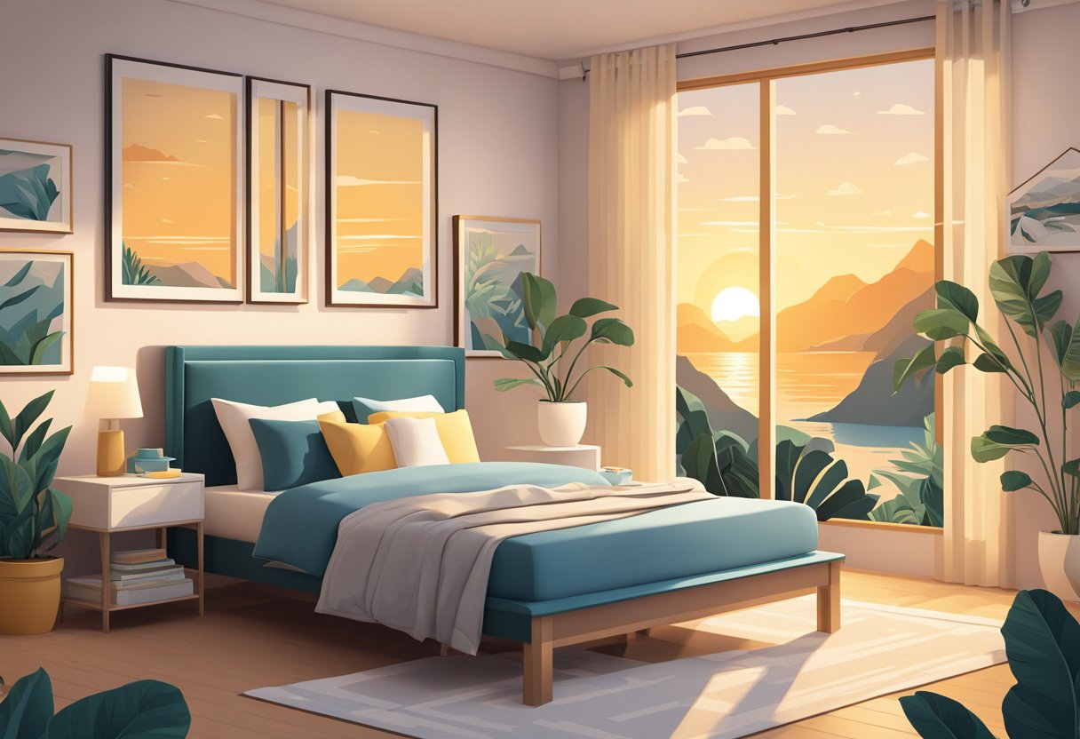 Sunrise illuminates a serene bedroom with a framed wall of motivational quotes. A warm, inviting atmosphere encourages a positive mindset for the day ahead