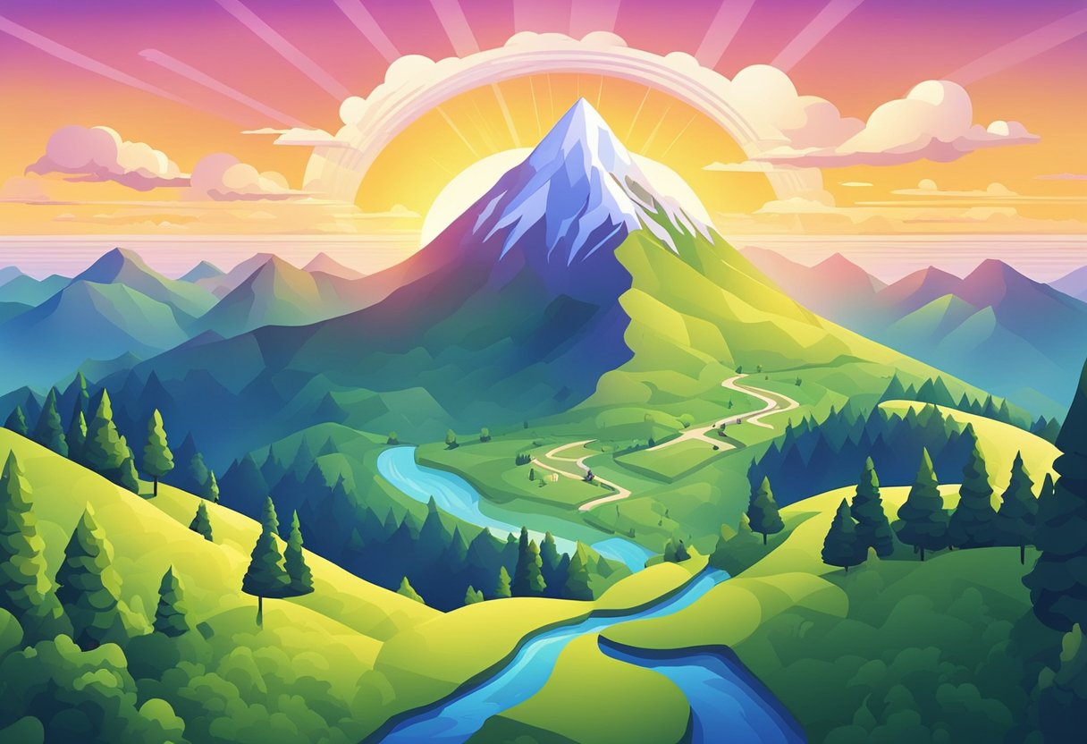A bright sunrise over a serene landscape, with a path leading towards a mountain peak. A quote banner with "Achieving Success And Happiness" hangs in the sky
