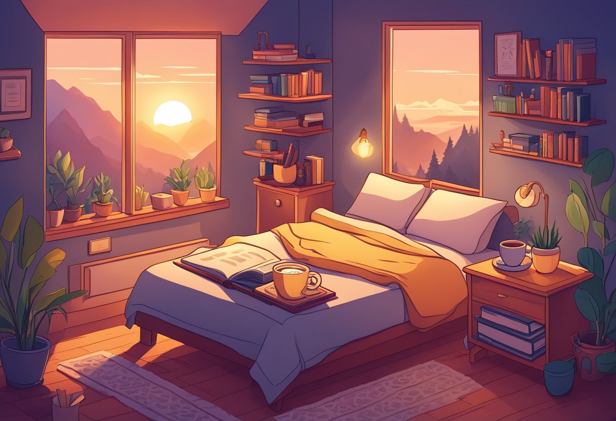 A bright sunrise illuminates a cozy bedroom with a steaming cup of coffee and a book of motivational quotes on the bedside table