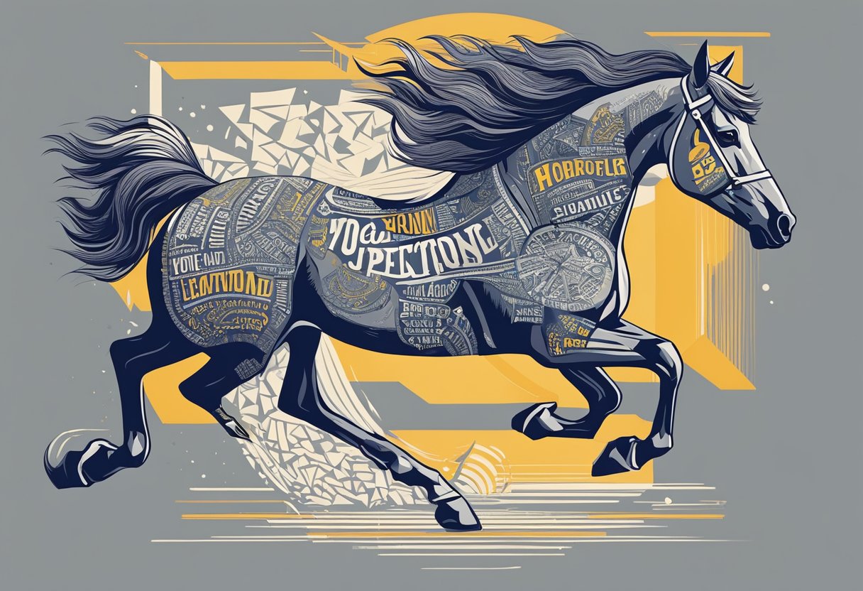 A powerful horse galloping with a determined expression, surrounded by inspirational quotes in bold typography