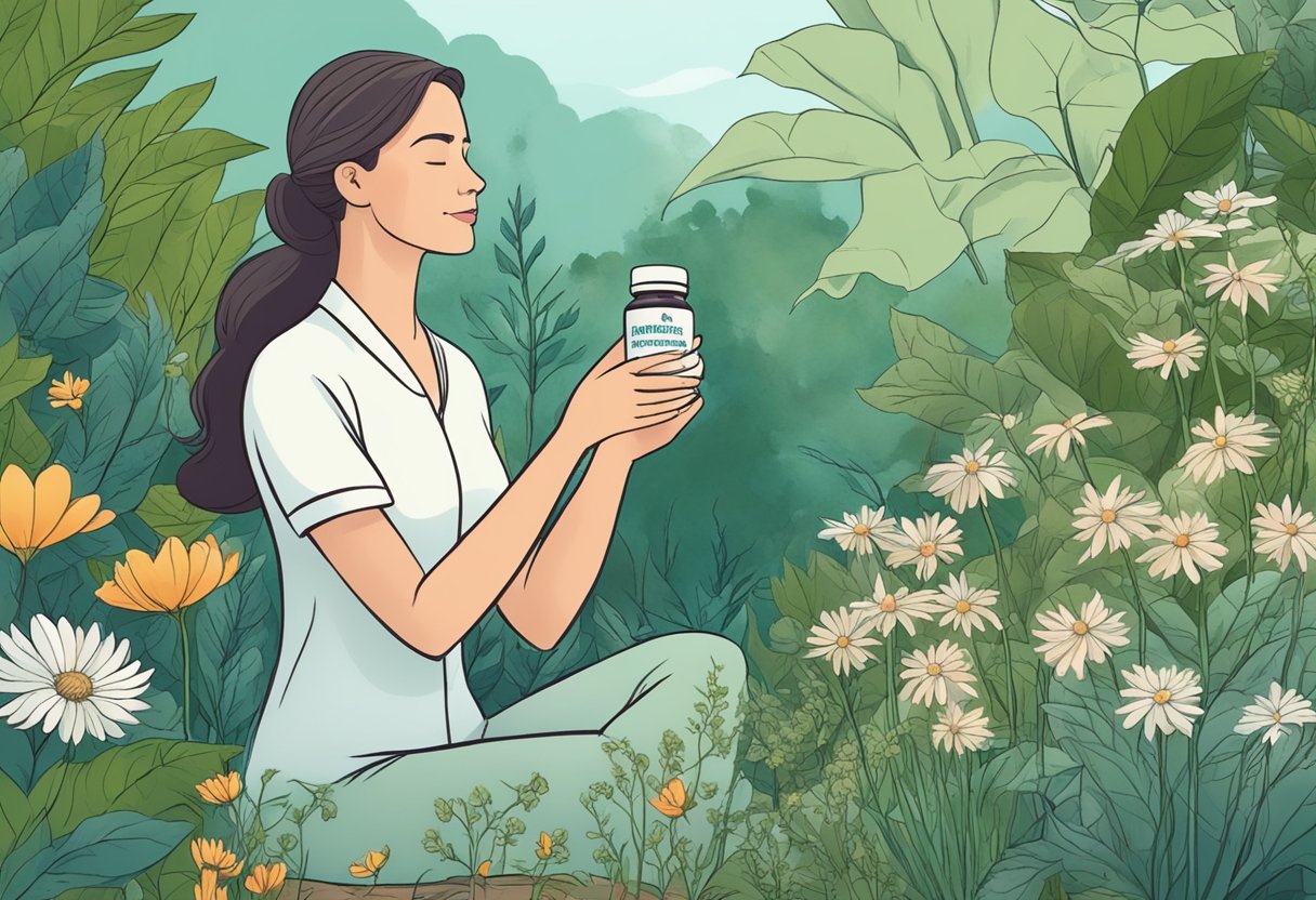 A serene woman in a garden, surrounded by blooming herbs and plants, reaching for a bottle of natural supplements labeled "Menopause Joint Pain Relief."