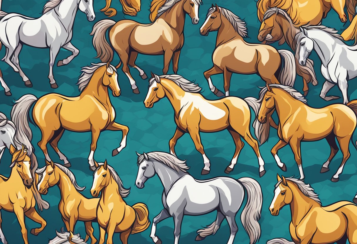 A group of powerful horses stand in a row, their muscles rippling as they exude strength and grace. A banner displaying the words "Equestrian Motivational Quotes" flutters in the background