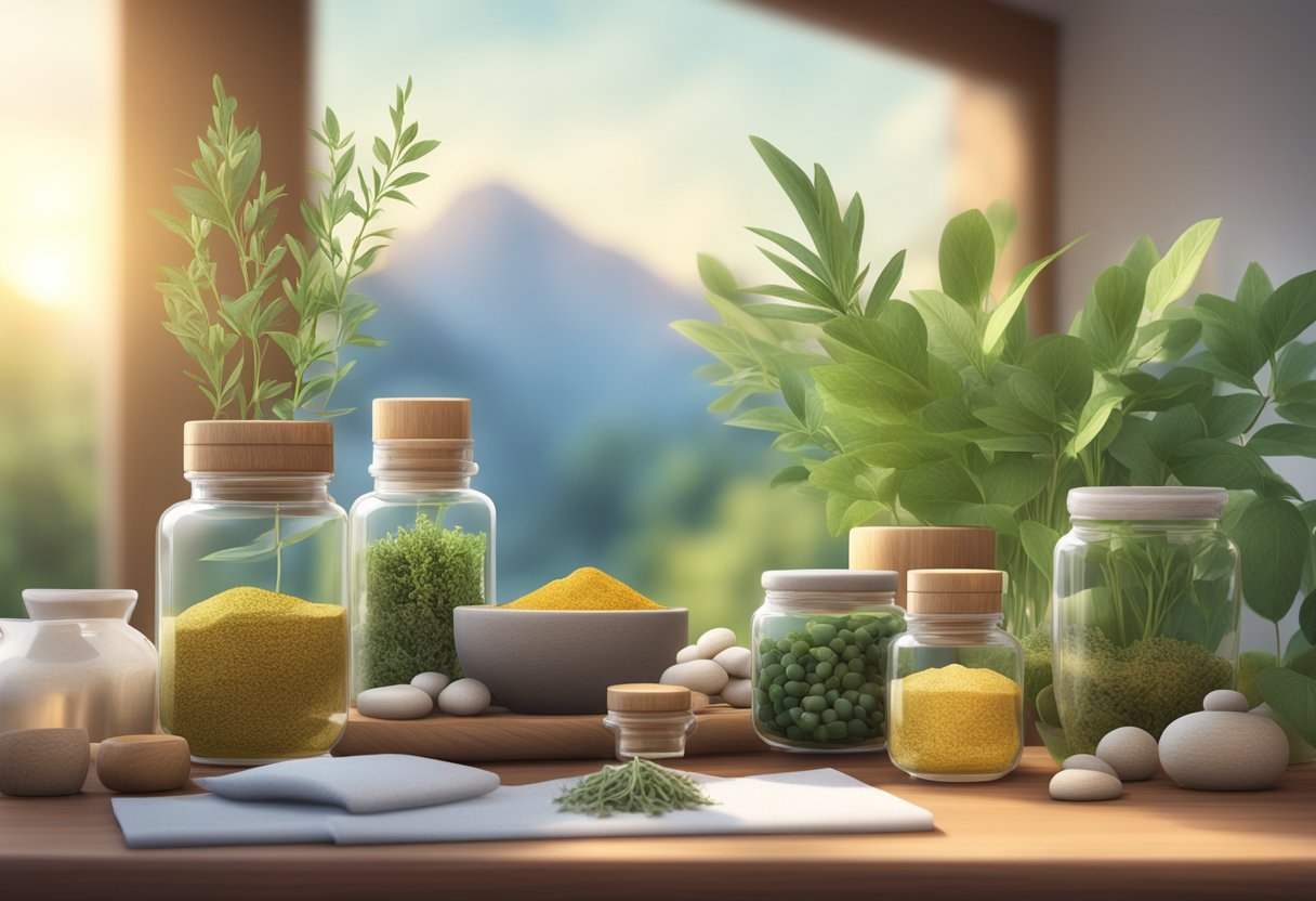 A serene setting with natural supplements and herbs displayed on a table, surrounded by calming colors and soft lighting