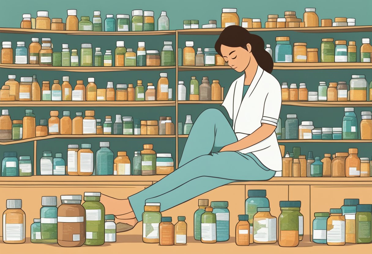 A serene woman sits surrounded by bottles of natural supplements, finding relief from menopausal joint pain through alternative therapies