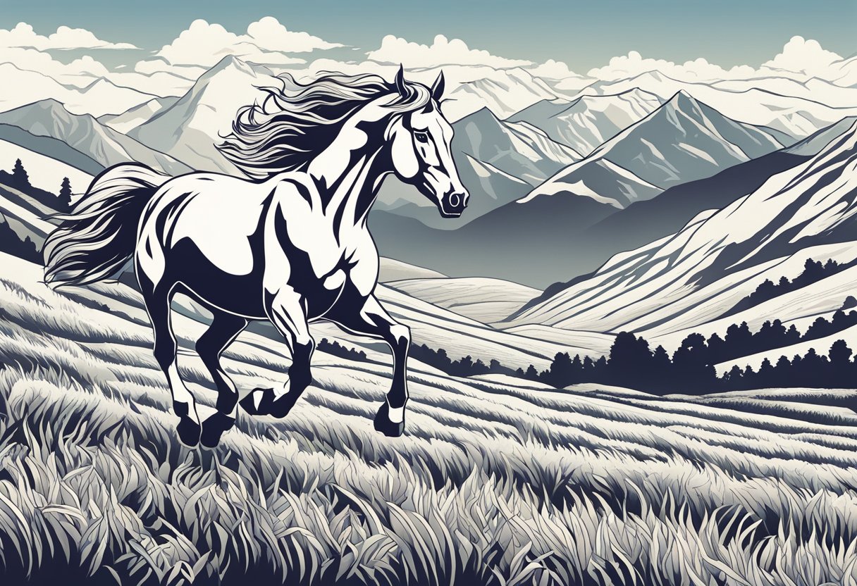 A horse galloping through a field, mane flowing in the wind, with a backdrop of mountains and a bright, sunny sky