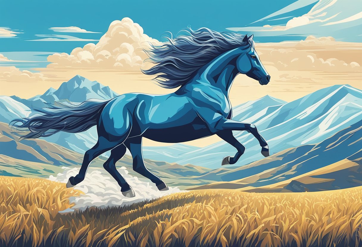 A horse gallops across a vast field, mane and tail flowing in the wind, with a backdrop of mountains and a clear blue sky