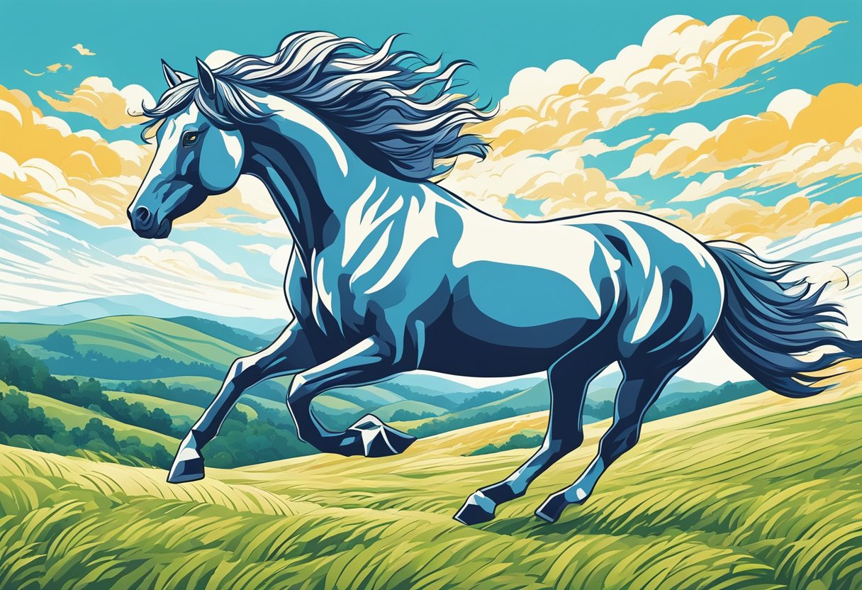 A horse galloping through an open field, mane flowing in the wind, with a backdrop of rolling hills and a bright, sunny sky