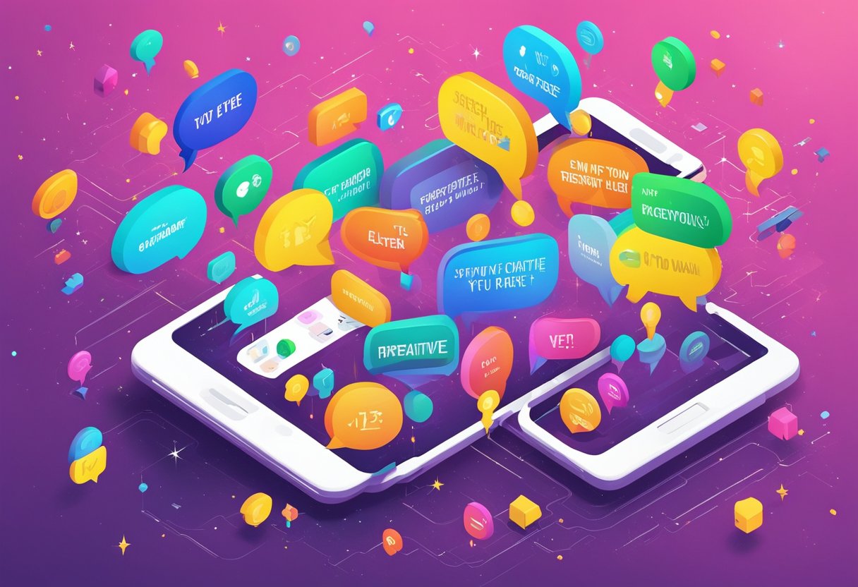 Colorful speech bubbles with motivational quotes floating above a smartphone screen with the Snapchat app open. Sparkles and creative elements surround the quotes
