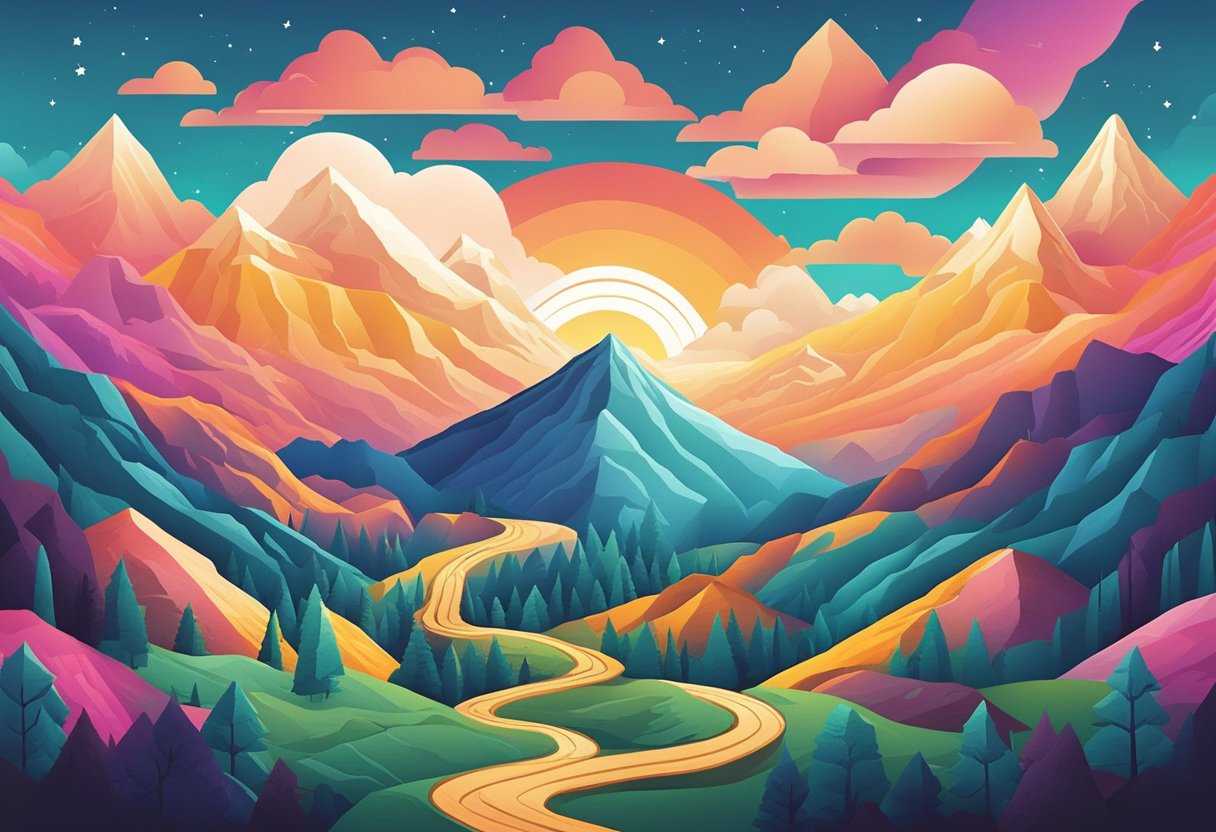 A mountain landscape with a winding trail and a colorful sunset, with a quote overlay "Embrace the journey" in a bold, modern font