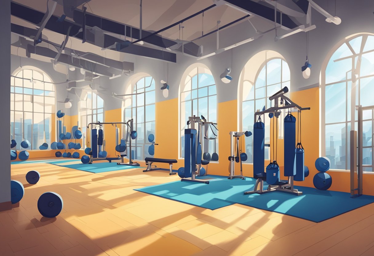 A backdrop of a gym filled with punching bags, weights, and motivational posters. Rays of sunlight streaming through the windows, casting dramatic shadows