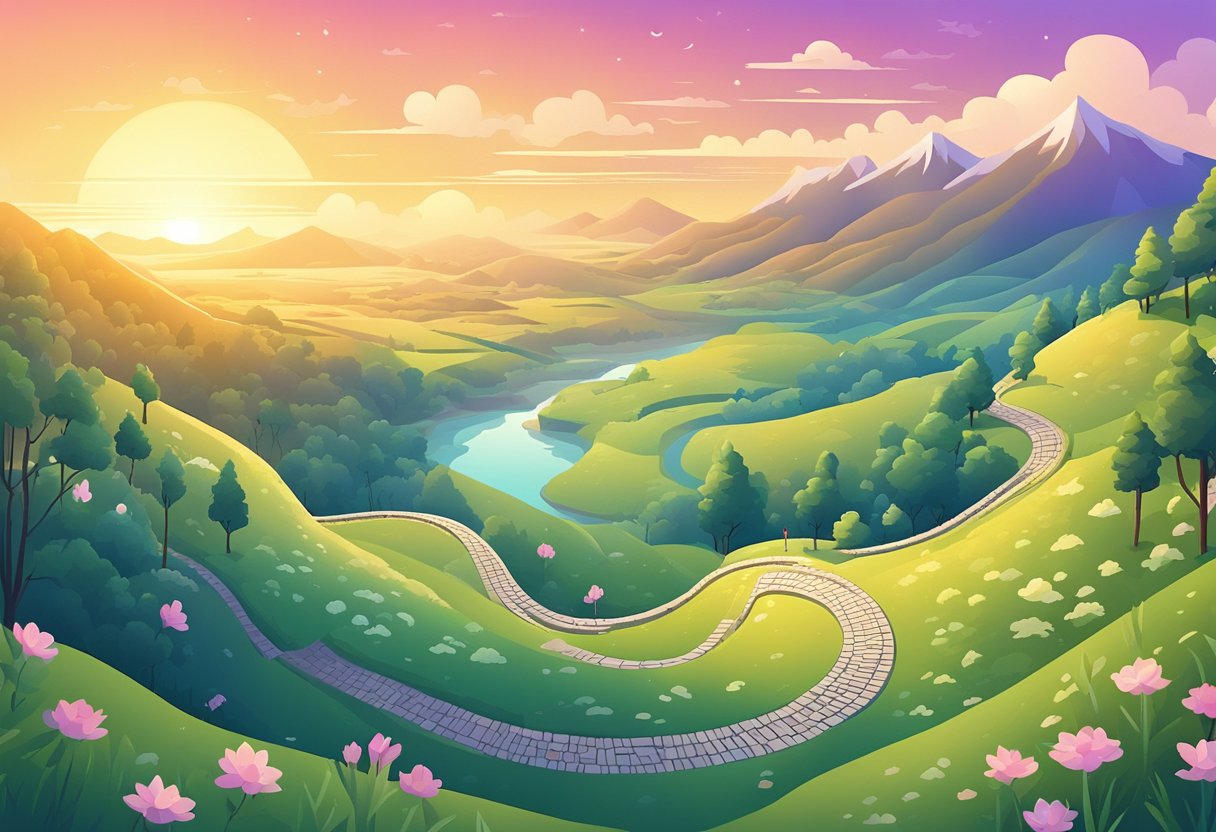 A serene landscape with a winding path leading towards a glowing sunrise, with motivational quotes scattered throughout the scene