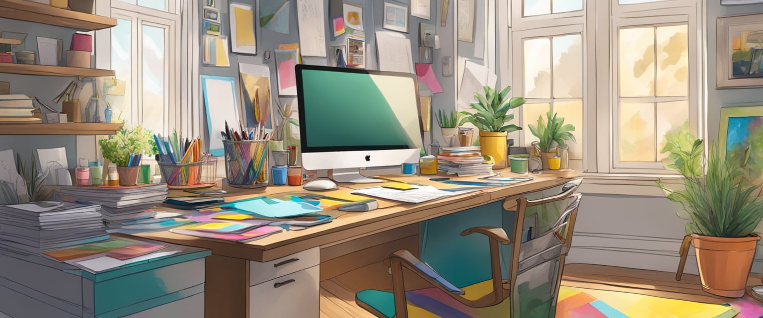 A cluttered desk with art supplies scattered, a brainstorming board covered in colorful ideas, and a window letting in natural light for inspiration