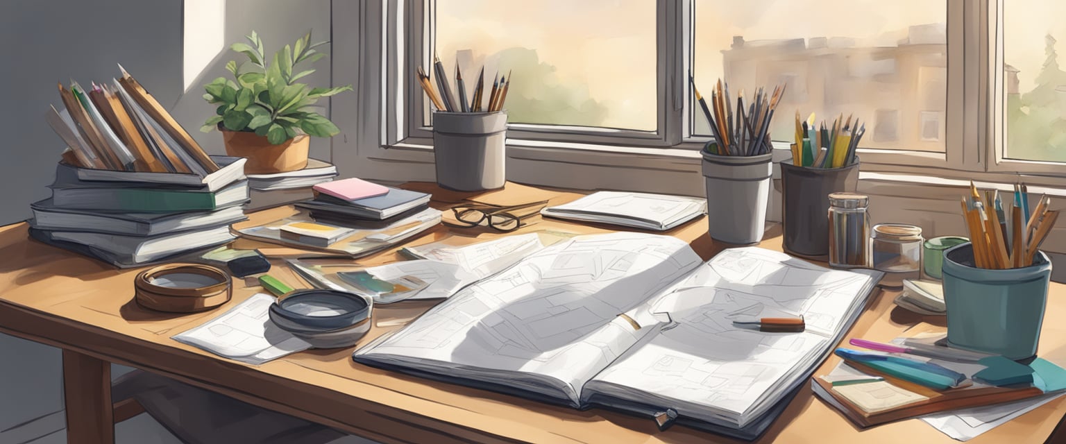 A cluttered desk with art supplies scattered, a window with natural light, and a journal filled with brainstorming ideas