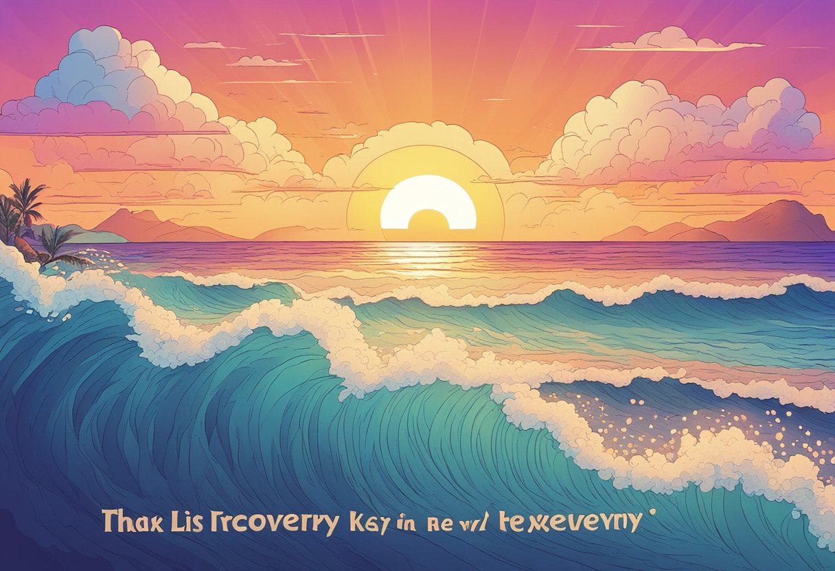 A serene beach with crashing waves and a vibrant sunset in the background, with the words "Quote List 26 - 50 recovery motivational quotes" written in the sand