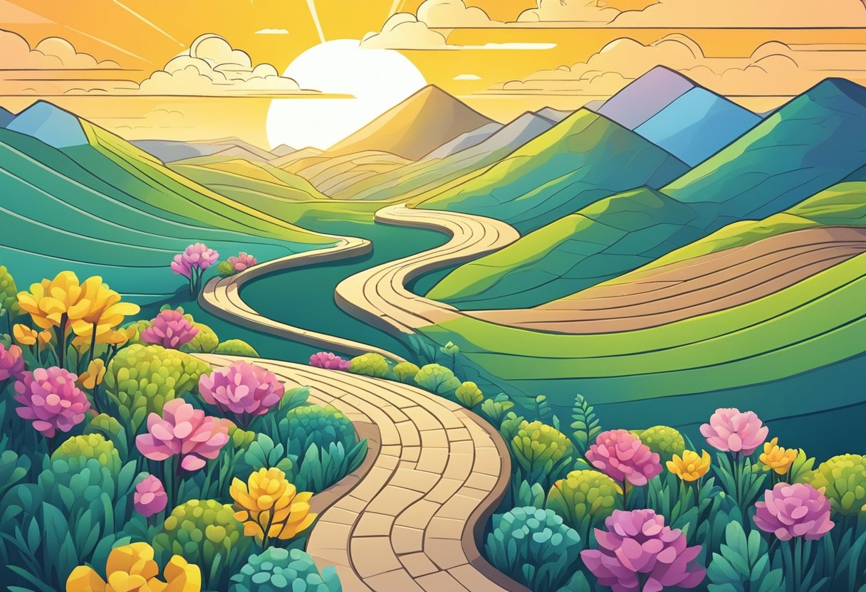 A serene landscape with a winding path leading towards a bright sunrise, symbolizing hope and progress
