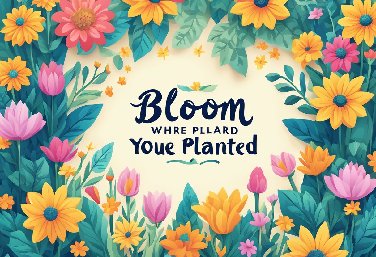 Colorful flowers surround a quote, "Bloom where you are planted." Bright sunlight illuminates the scene