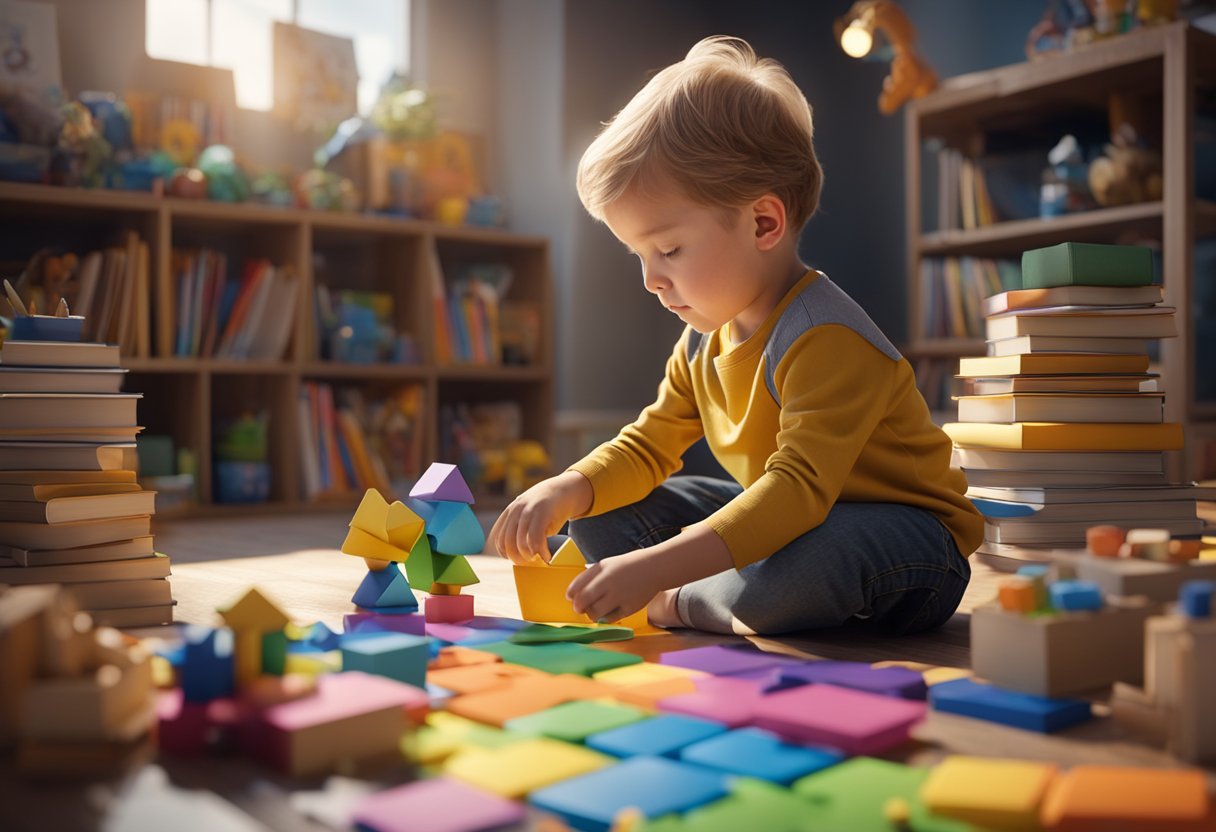 A child playing with educational toys, surrounded by books, puzzles, and art supplies, while exploring and learning through hands-on activities