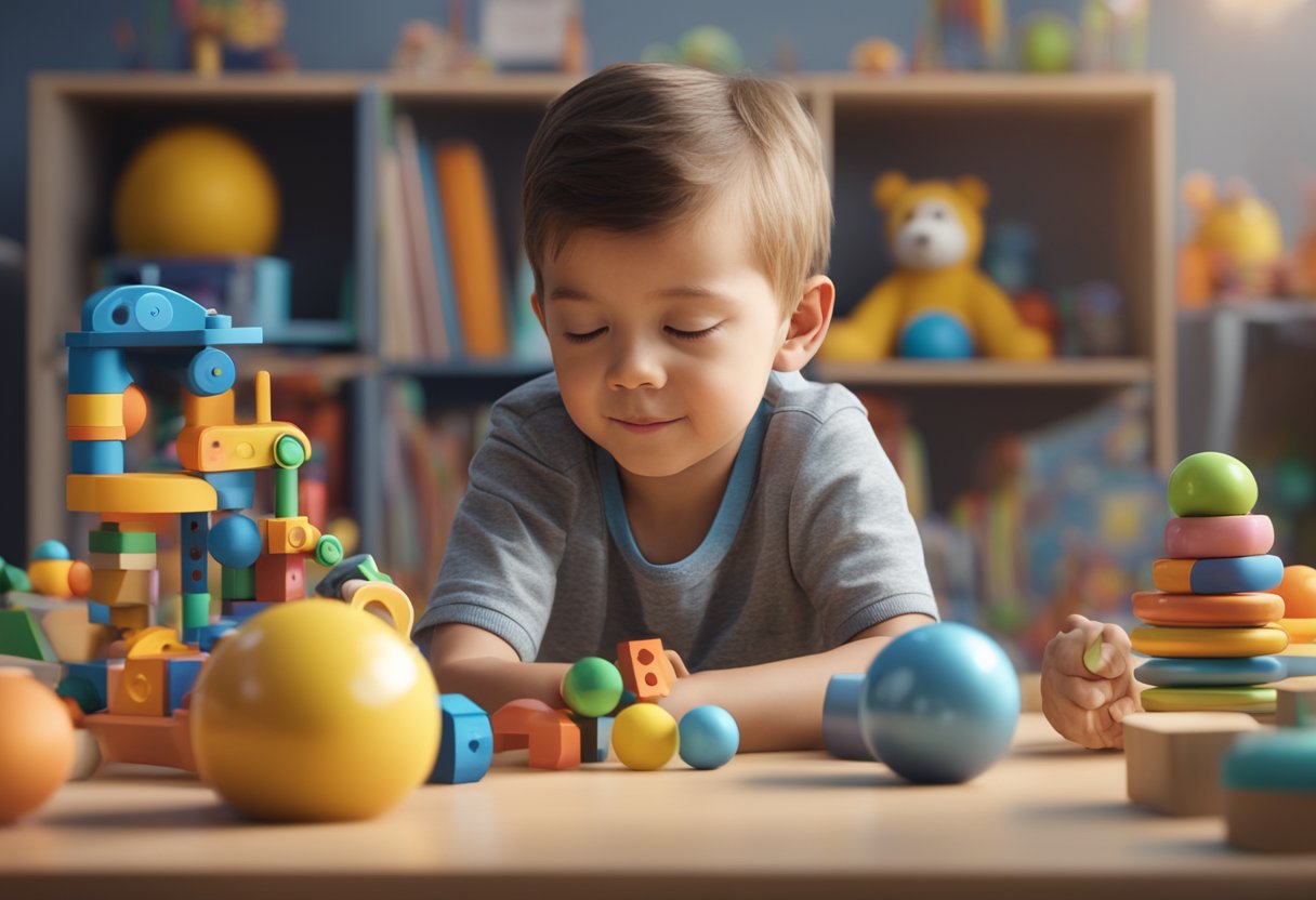 A child surrounded by various educational toys, considering their features and benefits, while a parent looks on, offering guidance and support