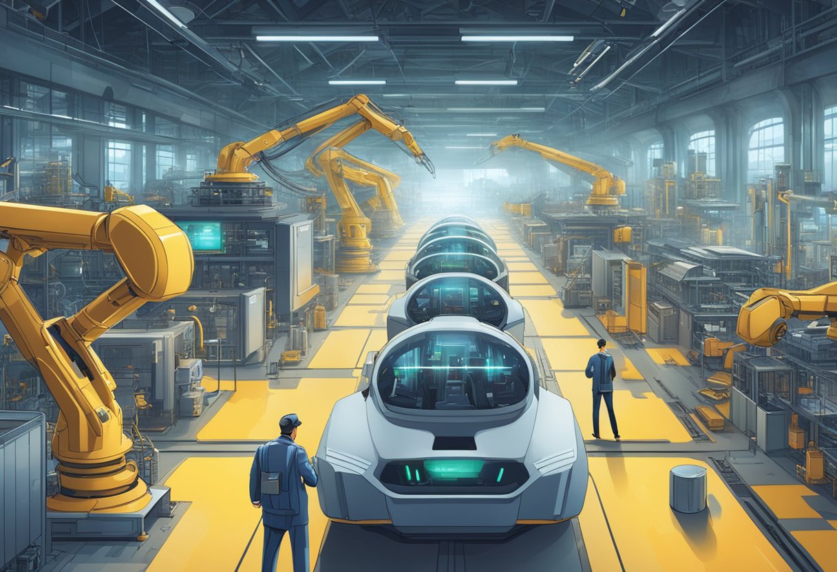 The impact of artificial intelligence on key industries is depicted through futuristic technology and machinery in a bustling industrial setting