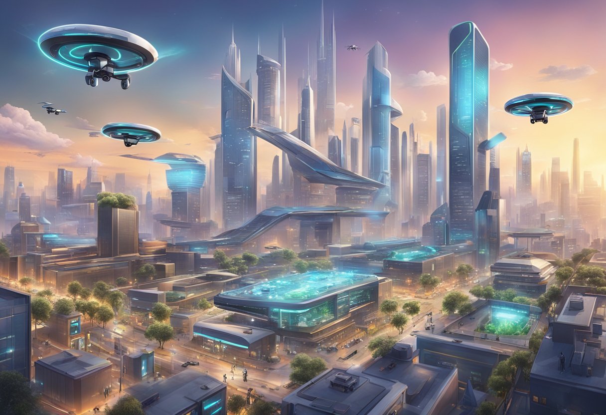 A futuristic city skyline with AI-powered drones and robots working alongside humans in various industries