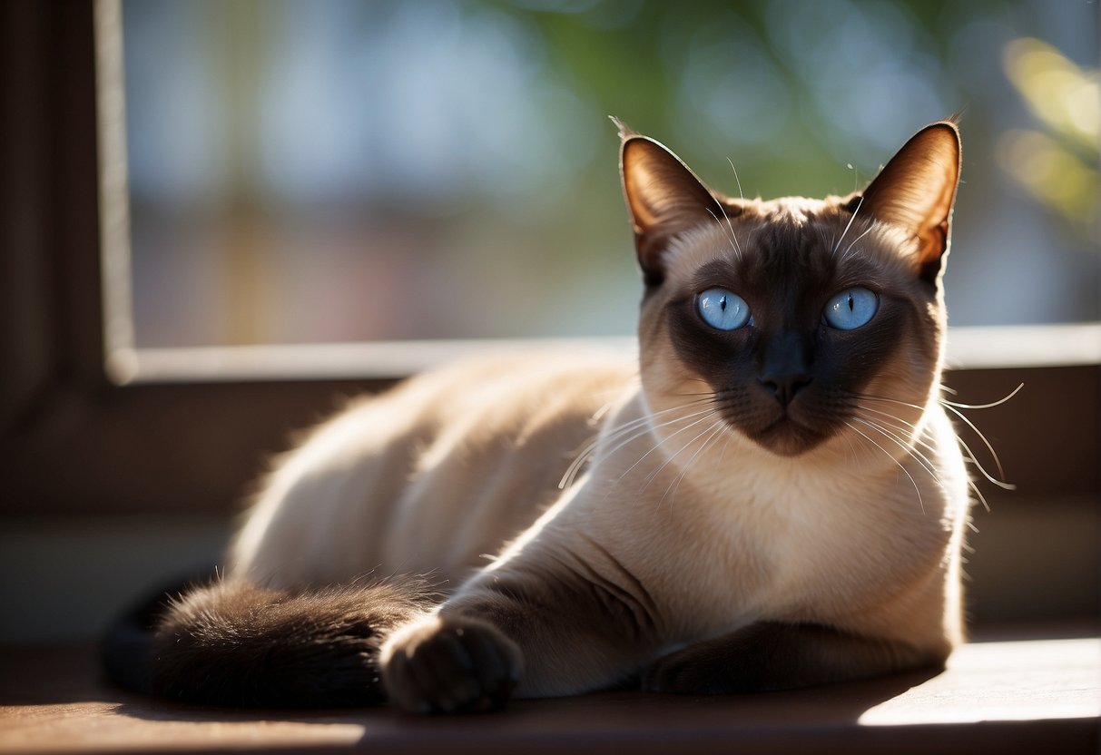 A Siamese Burmese cat lounges on a sunlit windowsill, gazing out at the world with piercing blue eyes, its sleek fur glowing in the warm light