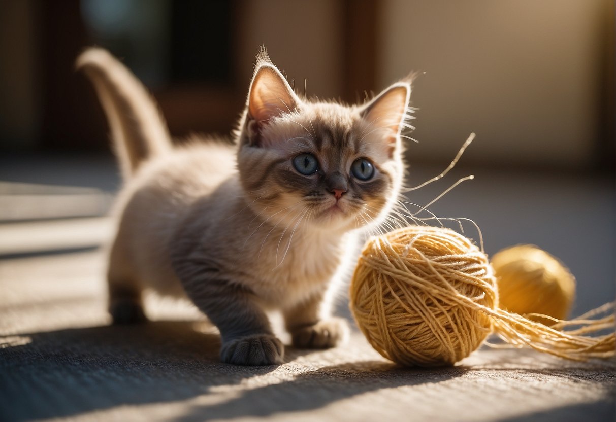 A playful Persian Siamese kitten chasing a ball of yarn in a sunlit room