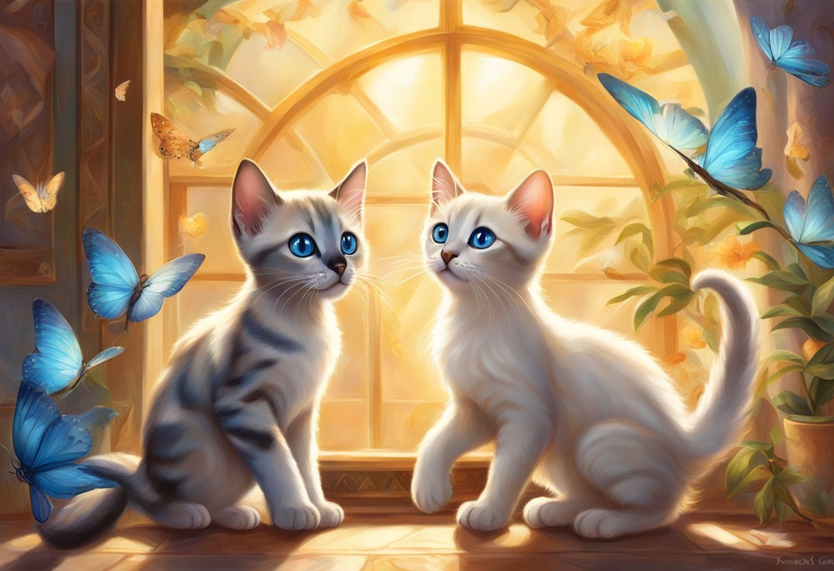Siamese Bengal mix kittens playing in a sunlit room, showcasing their unique coat patterns and blue almond-shaped eyes