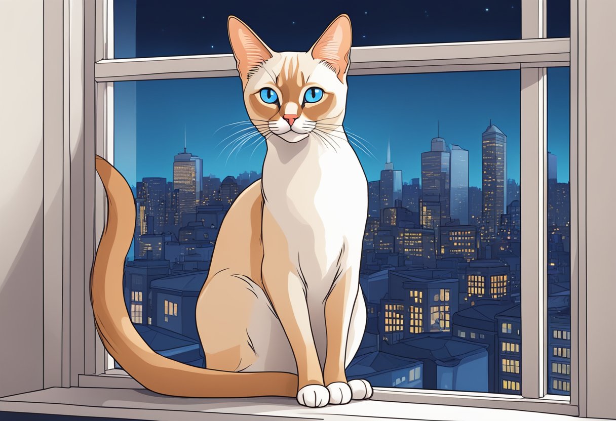 A Red Point Siamese cat sits on a windowsill, gazing out at the city skyline with its intense blue eyes