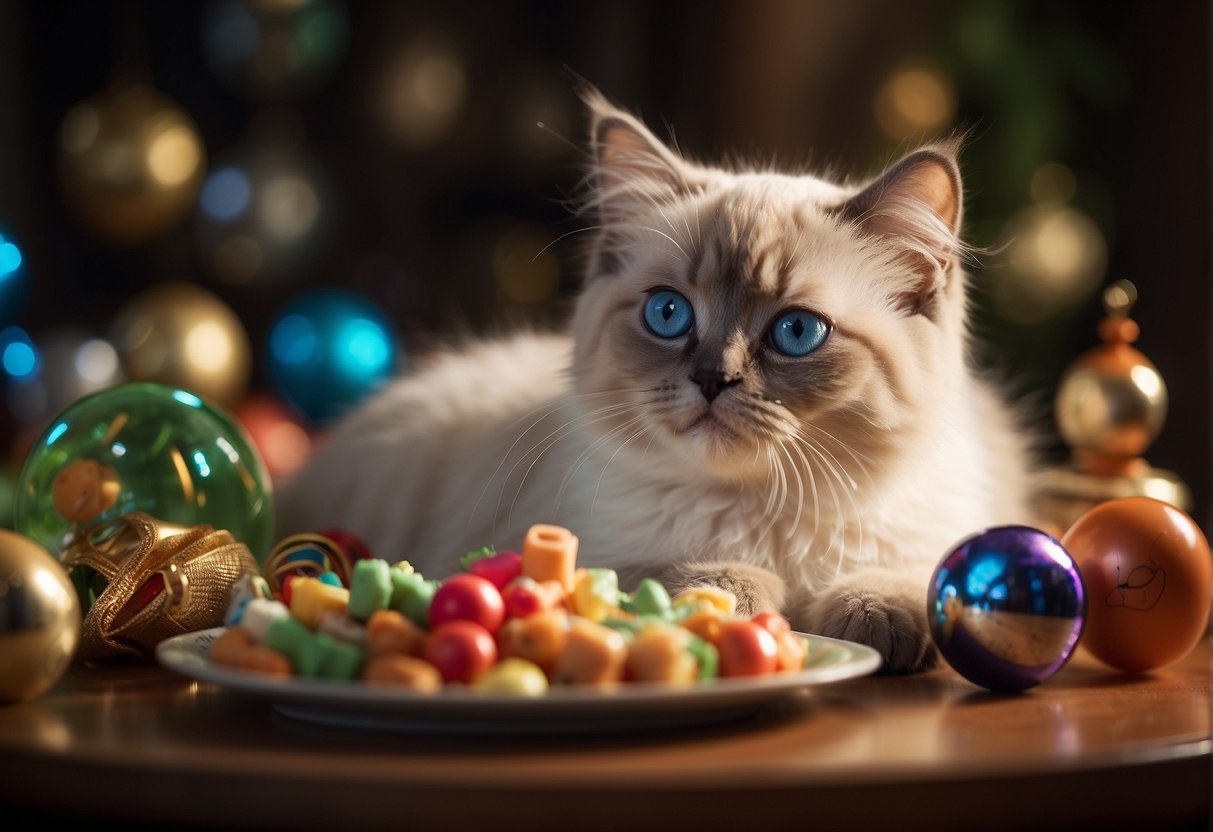 A playful Persian Siamese kitten lounges on a Health-o-Meter, surrounded by toys and a healthy meal