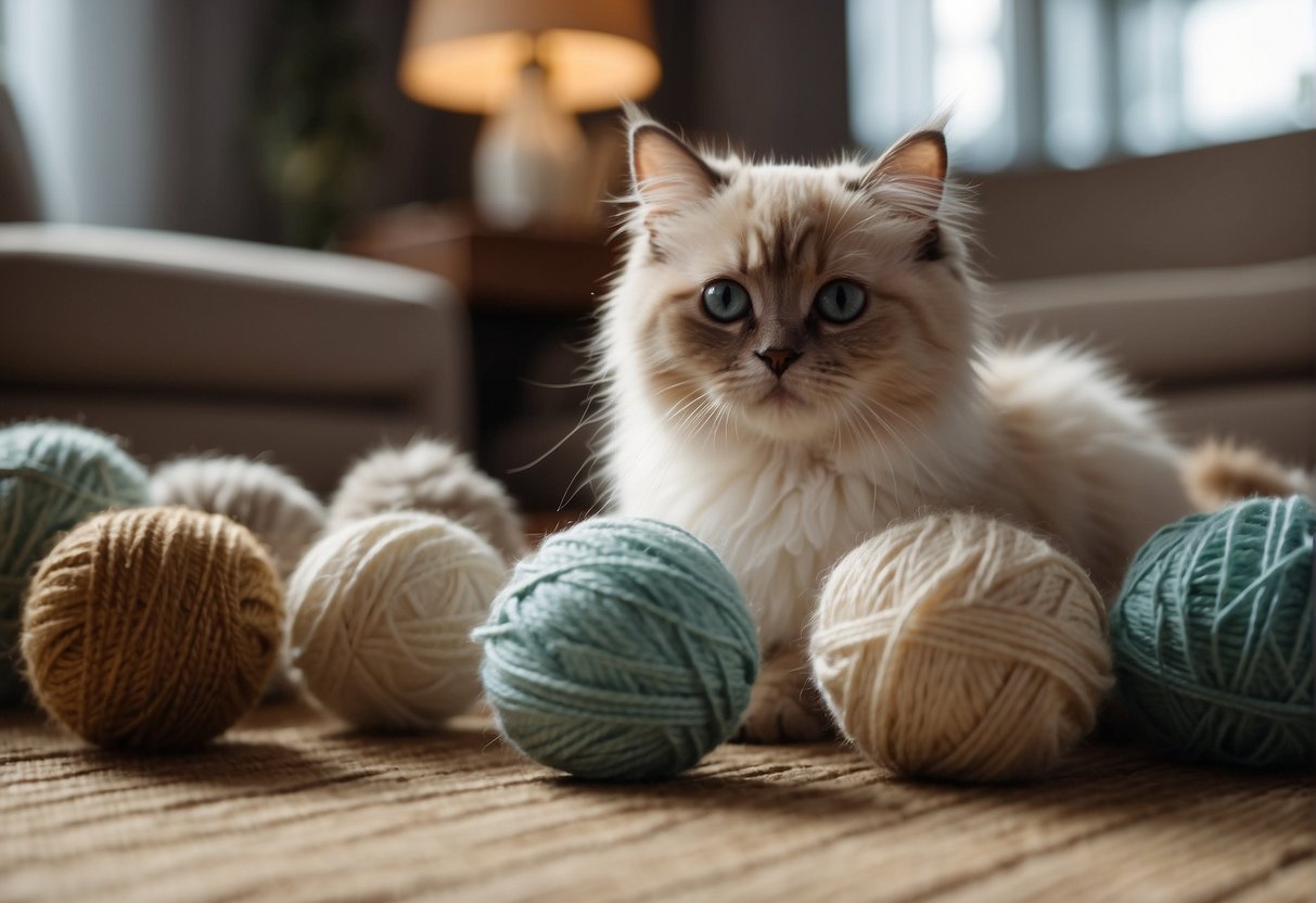 A fluffy Persian Siamese kitten playing with a ball of yarn in a cozy living room, surrounded by a loving family of cats