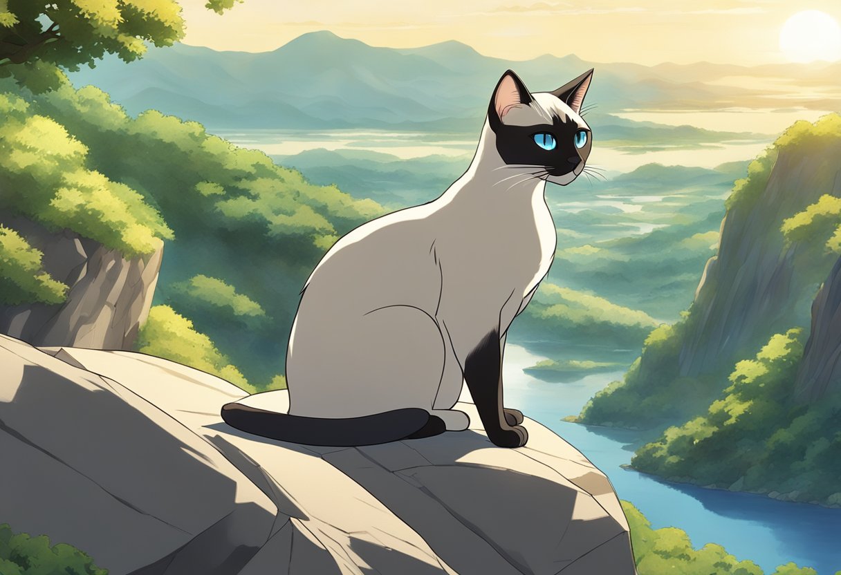 A sleek, elegant Siamese cat perched on a rocky outcrop, gazing out over a tranquil, sunlit landscape