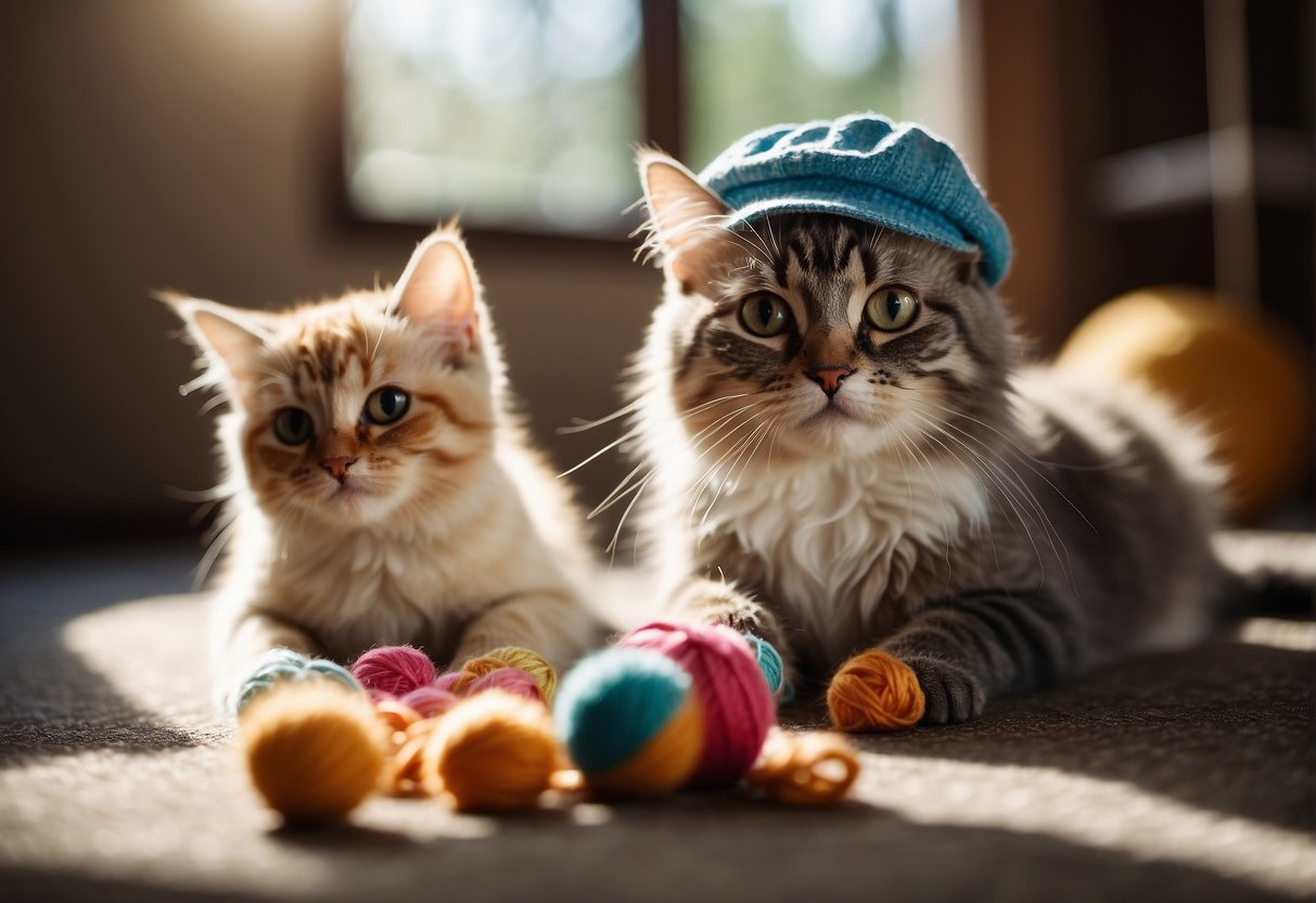 Two playful cats wearing colorful caps, a Persian and a Siamese kitten, chasing a ball of yarn in a sunlit room