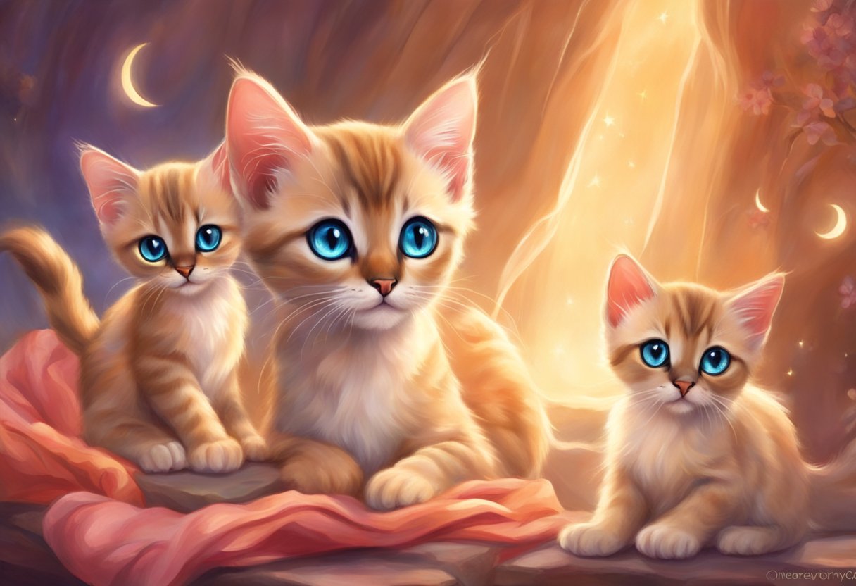 Two Siamese Bengal mix kittens being groomed and cared for by a gentle hand