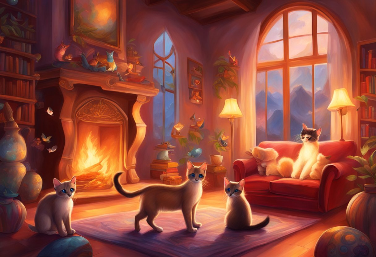 Siamese Bengal mix kittens playing in a cozy living room, surrounded by toys and a warm fireplace