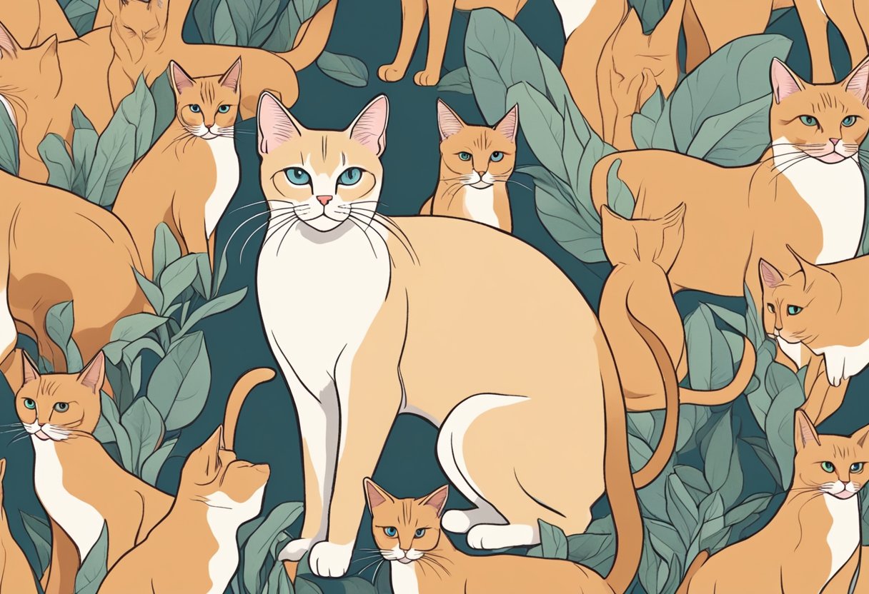 A red point Siamese cat stands proudly among a group of admiring felines, showcasing its elegant features and confident demeanor