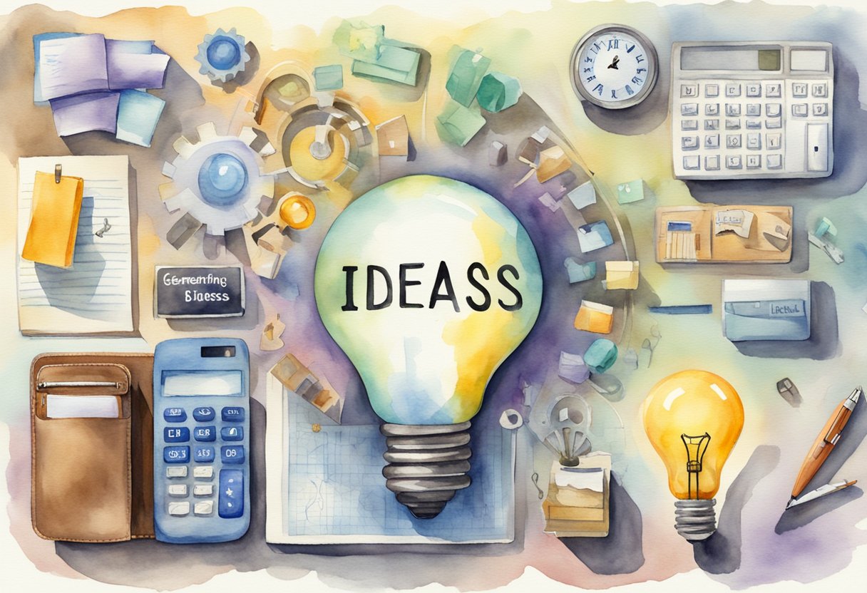 A lightbulb surrounded by various business-related objects, such as a calculator, briefcase, and computer, with the words "Generating Business Name Ideas" displayed prominently