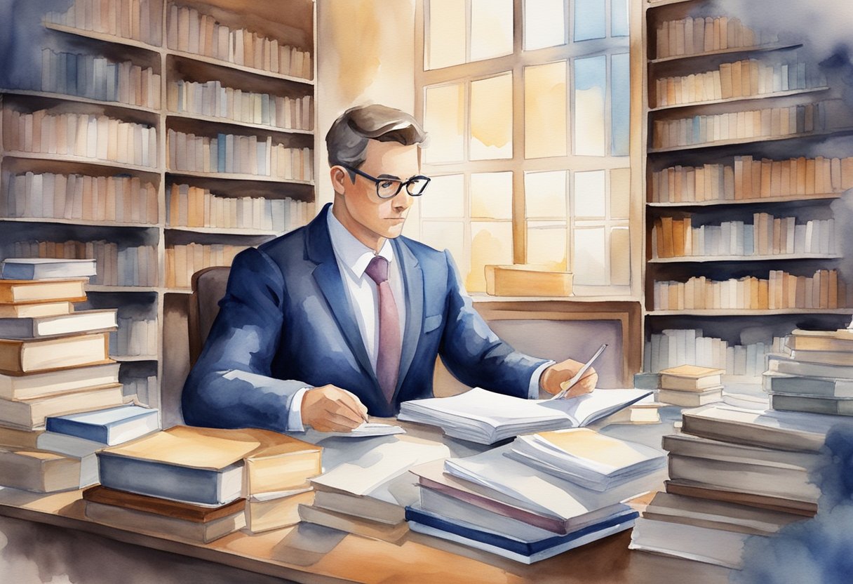 A lawyer researching business name ideas, surrounded by legal books and documents, with a focused expression