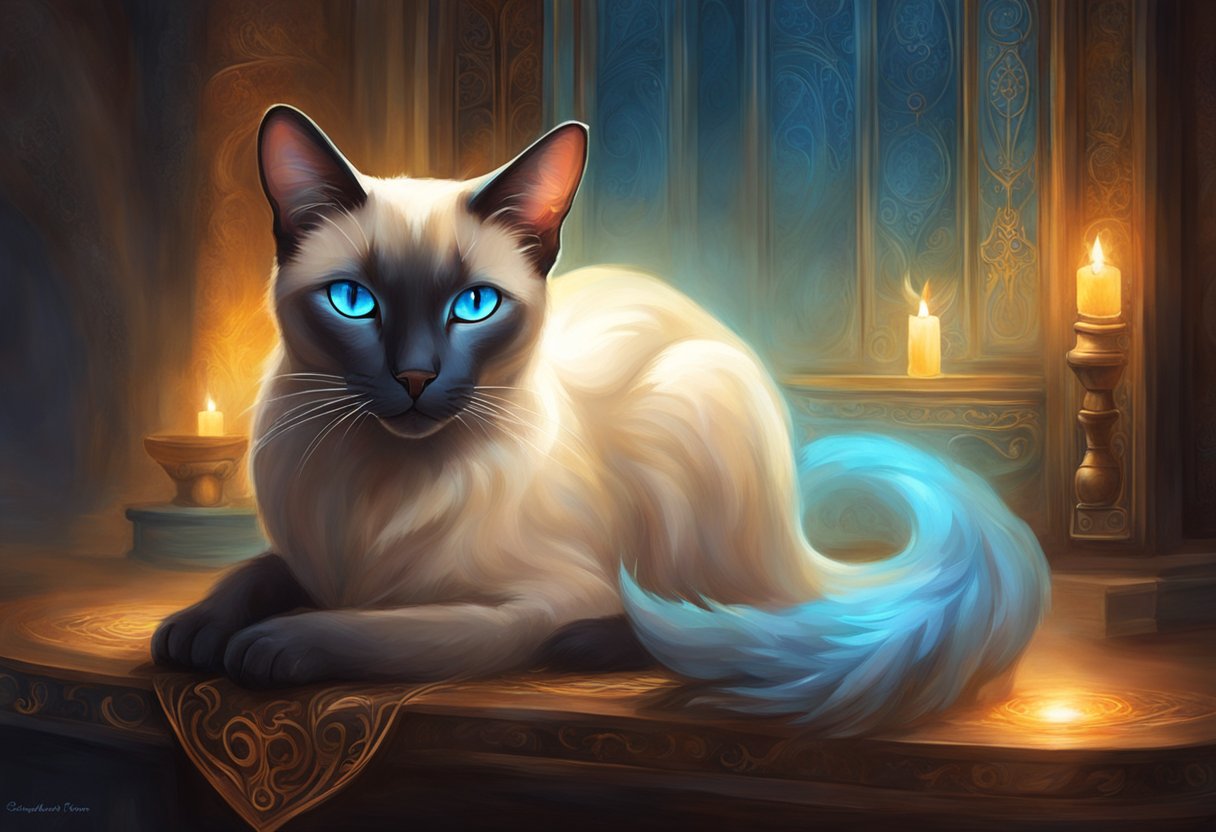 A sleek Siamese cat sits in a dark room, its piercing blue eyes glowing in the dim light