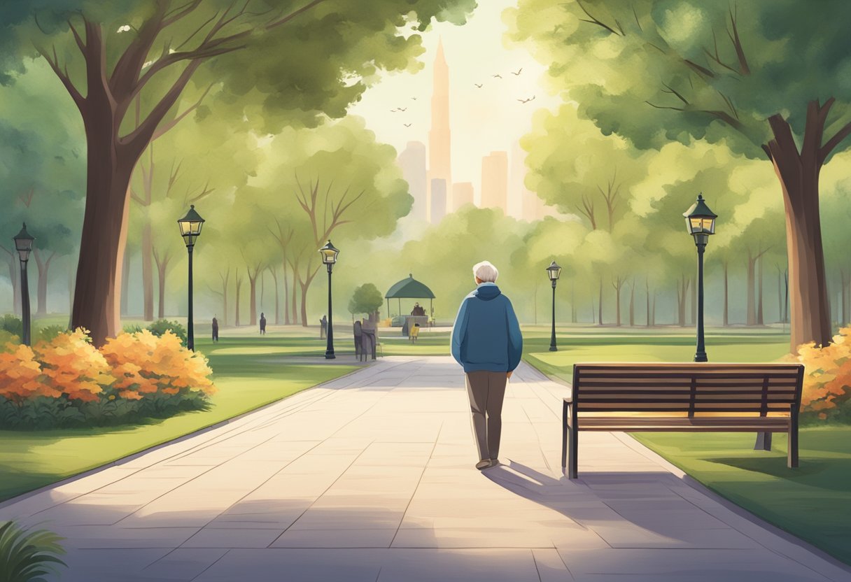 A serene park with a peaceful atmosphere, featuring a person with Parkinson's Disease experiencing relief while taking CBD