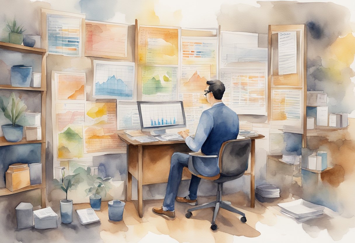 A person researching business names, surrounded by charts and graphs, brainstorming ideas