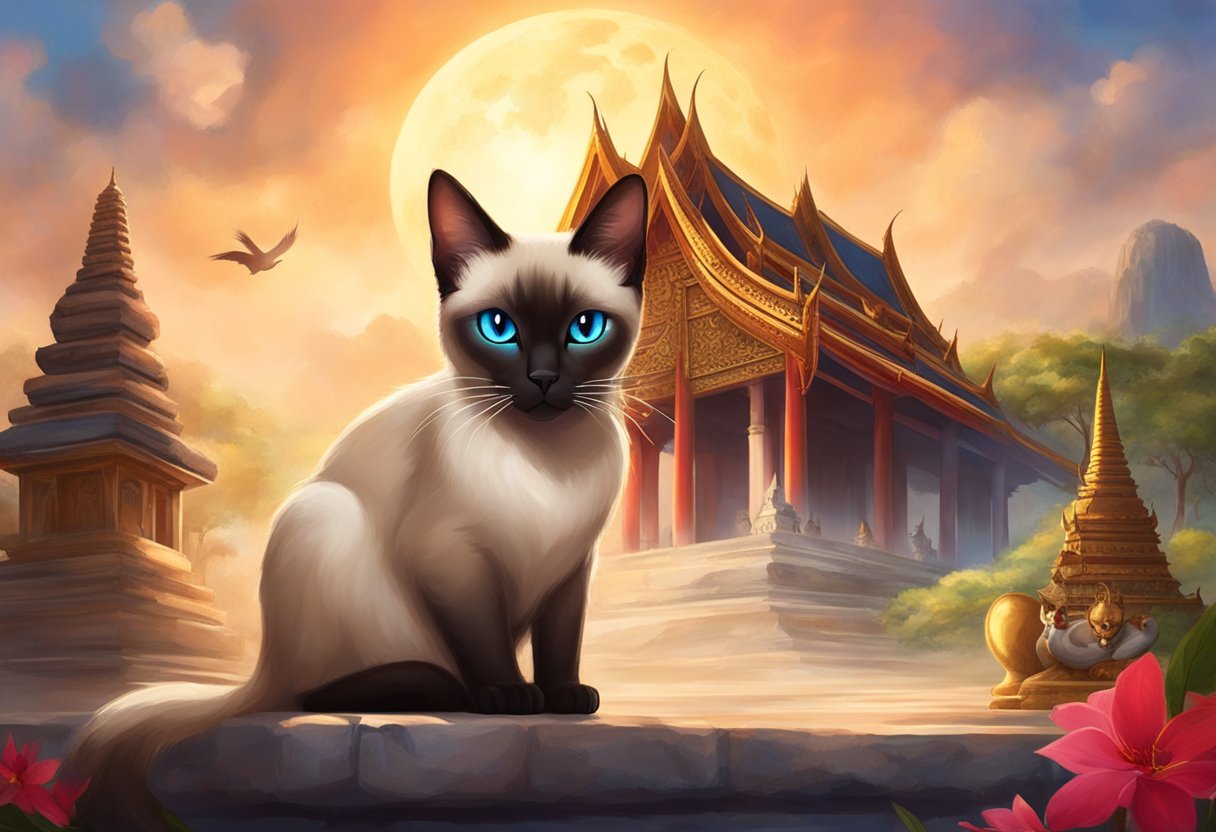 A Siamese cat with dark fur sits in front of a traditional Thai temple, surrounded by ancient artifacts and symbols