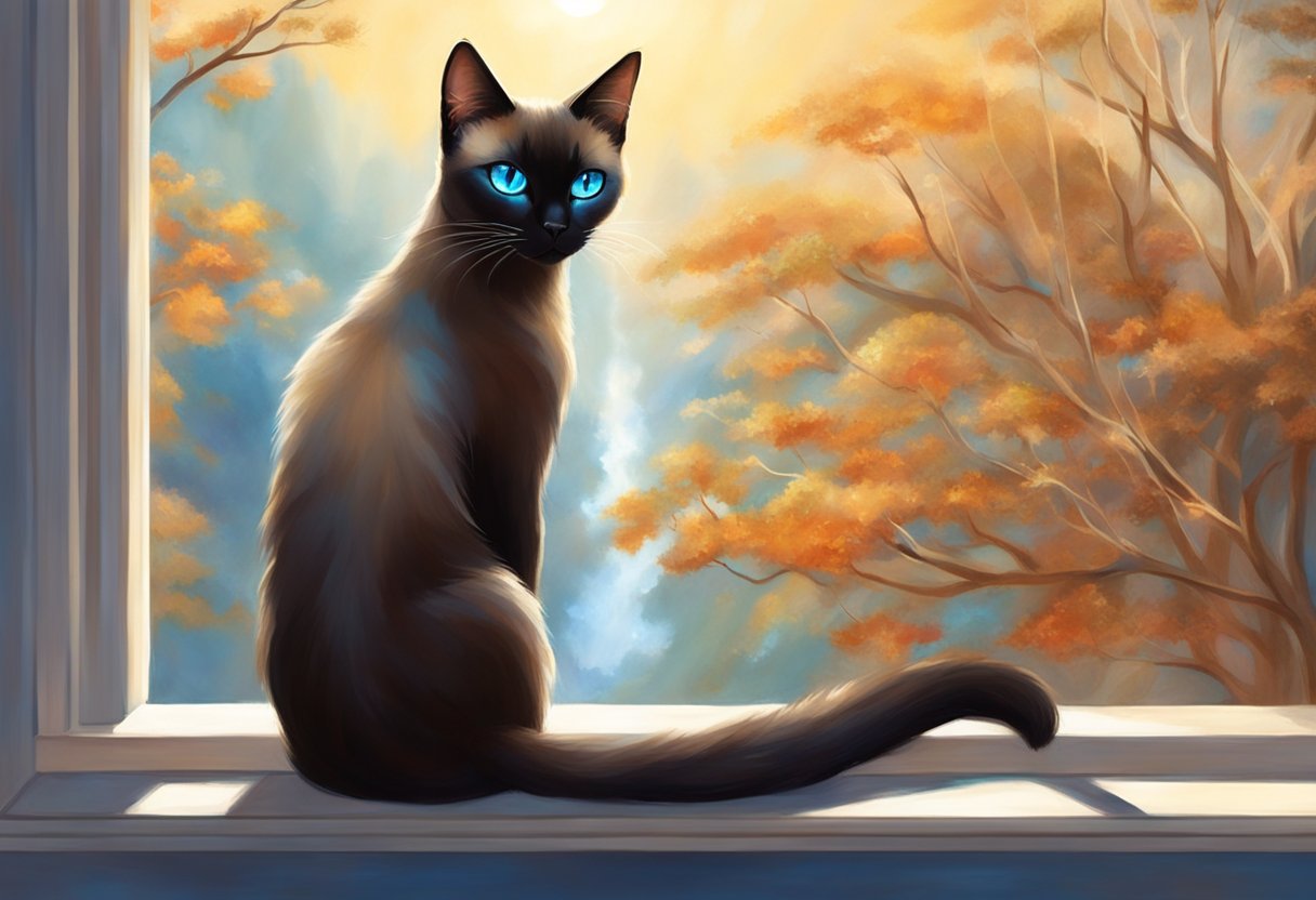 A dark Siamese cat with piercing blue eyes sitting on a windowsill, its sleek fur glistening in the sunlight
