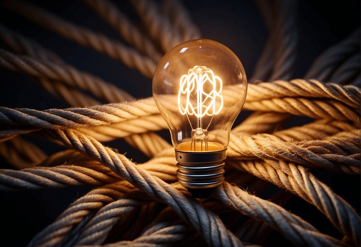 A light bulb surrounded by seven tangled ropes, representing the obstacles that prevent entrepreneurial success