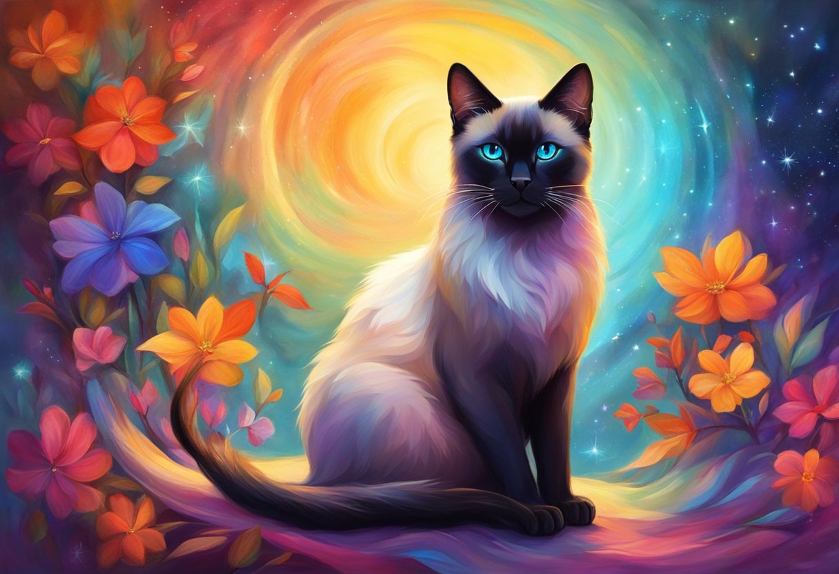 A Siamese cat with dark fur sits against a backdrop of vibrant colors, showcasing the spectrum of its coat