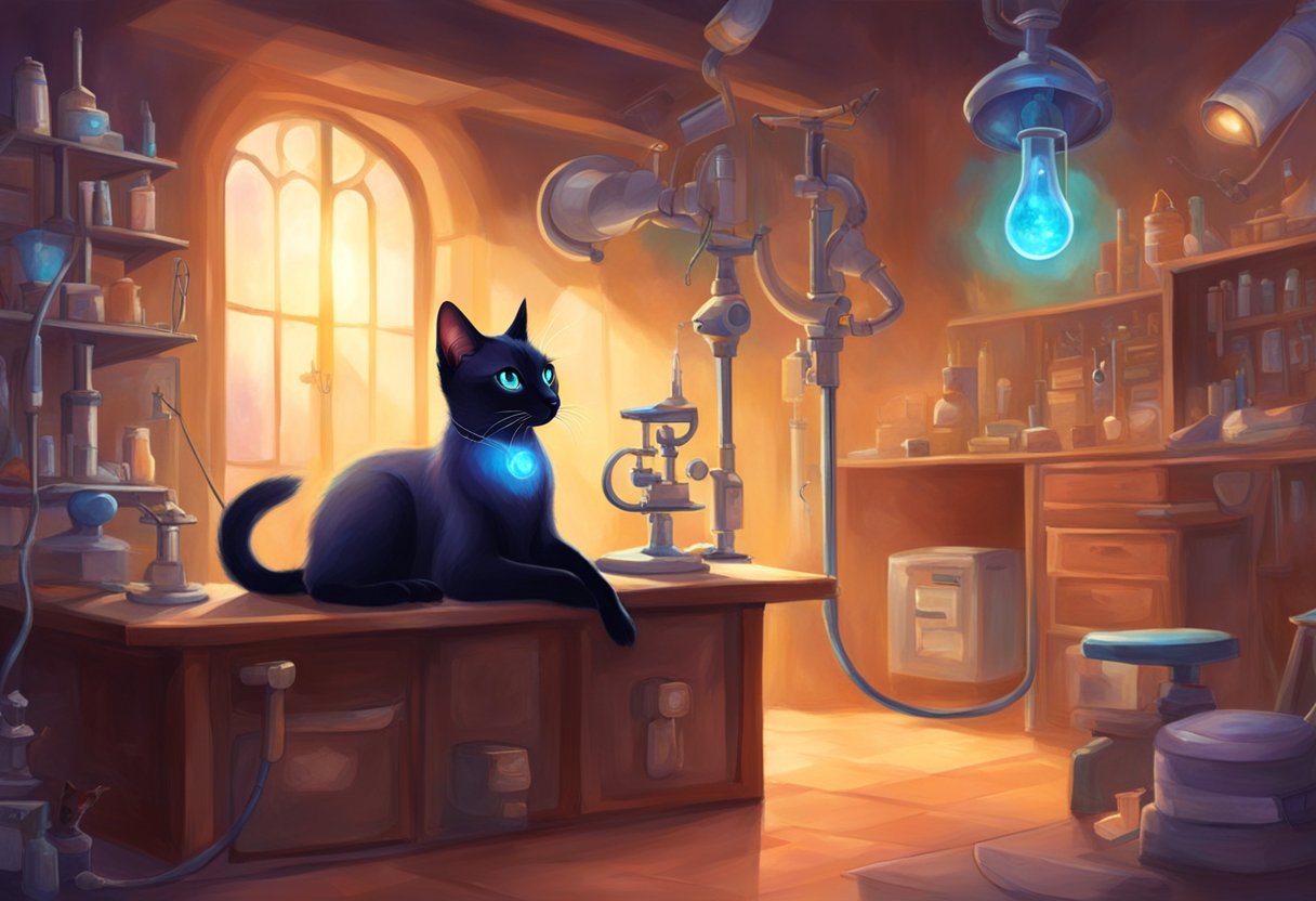 A Siamese cat with dark fur sits in a veterinary clinic, surrounded by medical and genetic testing equipment