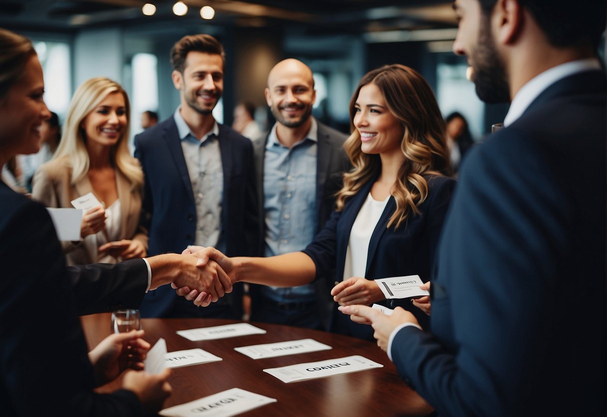 A group of people exchanging business cards and shaking hands at a networking event, with a banner in the background listing the "7 mistakes that prevent success as an entrepreneur."