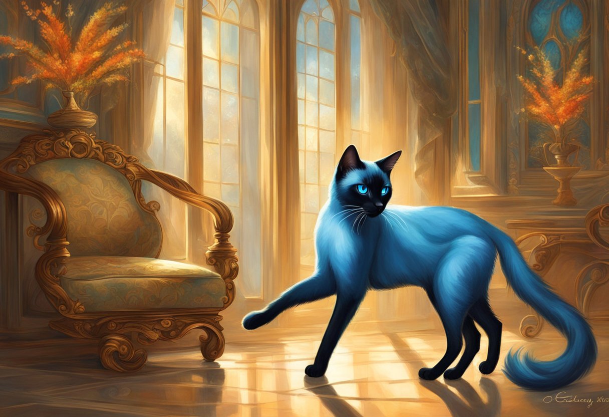 A Siamese cat prowls through a dimly lit room, its piercing blue eyes reflecting its mischievous personality. Its sleek, dark fur blends into the shadows as it moves with graceful and confident movements