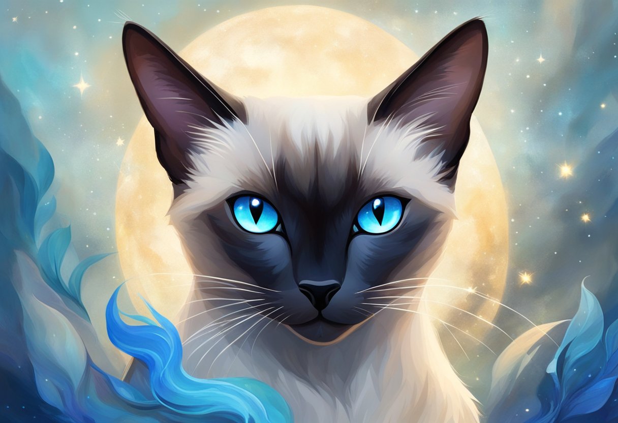 A Siamese cat with dark fur sits among various shades of blue and gray