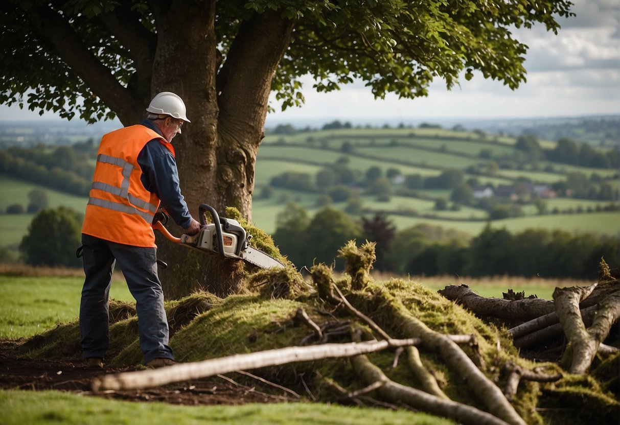 A tree being cut down by a professional with equipment, surrounded by a suburban landscape in Ireland